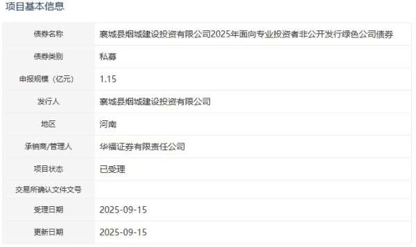 深资管 襄城县烟城建设投资公司拟发行1.15亿元绿色公司债获受理