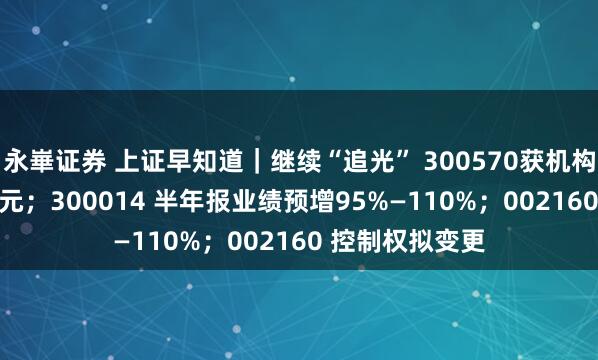 永崋证券 上证早知道｜继续“追光” 300570获机构净买入2.87亿元；300014 半年报业绩预增95%—110%；002160 控制权拟变更